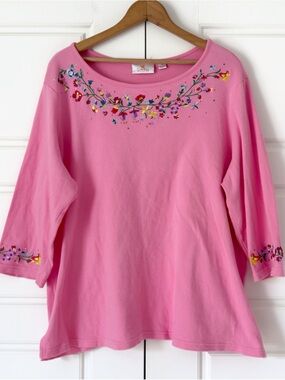 Quacker Factory Floral Embroidered Tshirt 1X Pink Rhinestones Garden Feminine